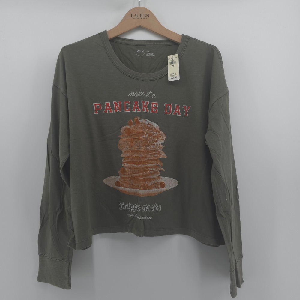 Aerie Pancake Day Long Sleeve Graphic Tee Olive Green Medium NWT
